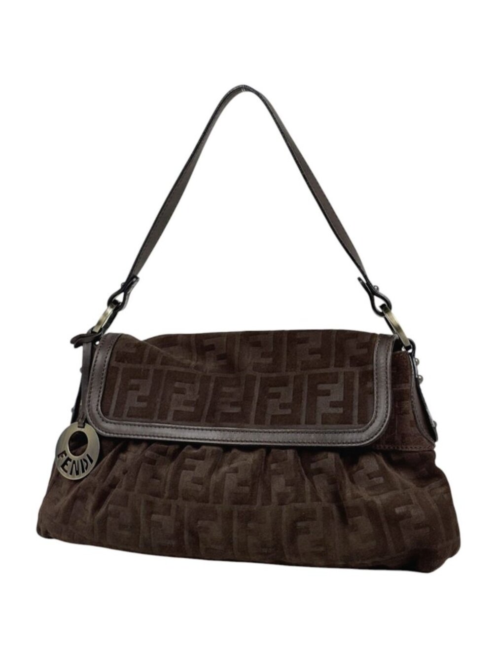 Fendi Shoulder Bag Zucca Pattern Suede Brown